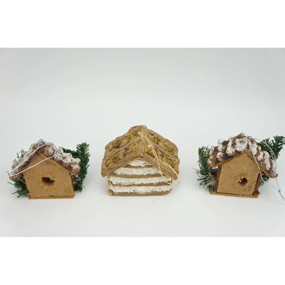 Vintage Woodland Birdhouse Ornaments Set of 3 Wood Rustic Log Cabin VGC